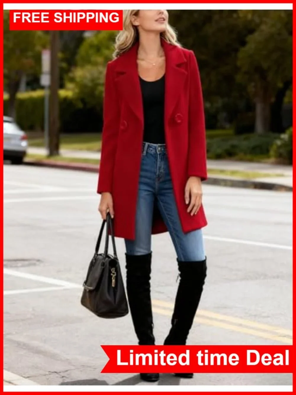 Wool Blend Pea Coat Long Sleeve Button Down Slim Fit Winter Overcoat